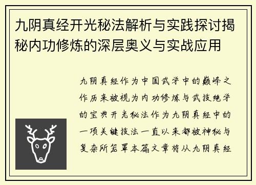 九阴真经开光秘法解析与实践探讨揭秘内功修炼的深层奥义与实战应用